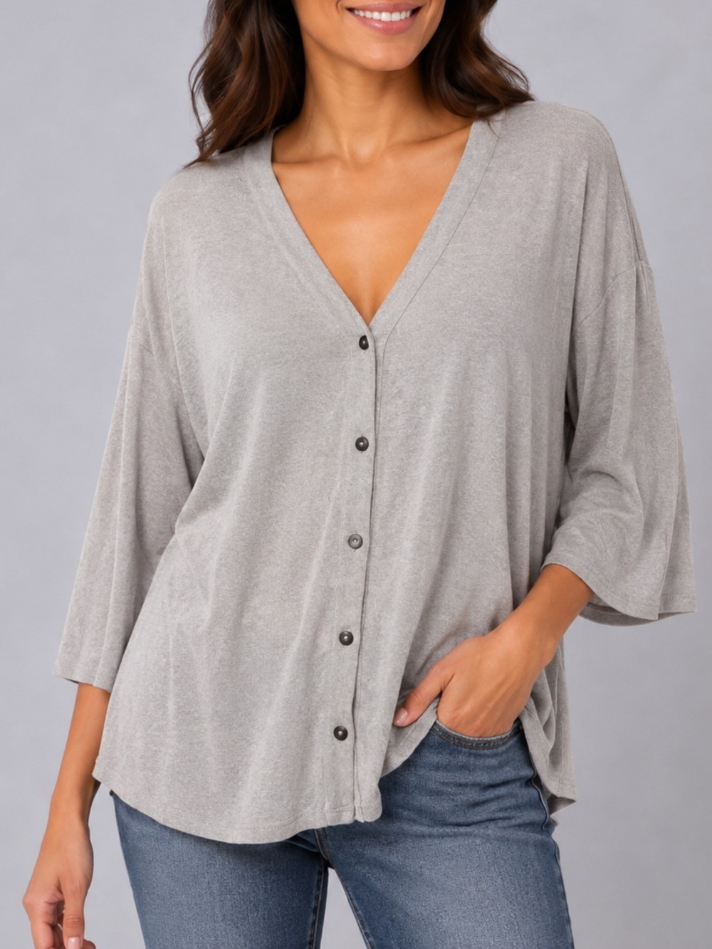 J. Jill | Light Gray-Beige Button-Front V-Neck Top | Size L | Like New | Casual